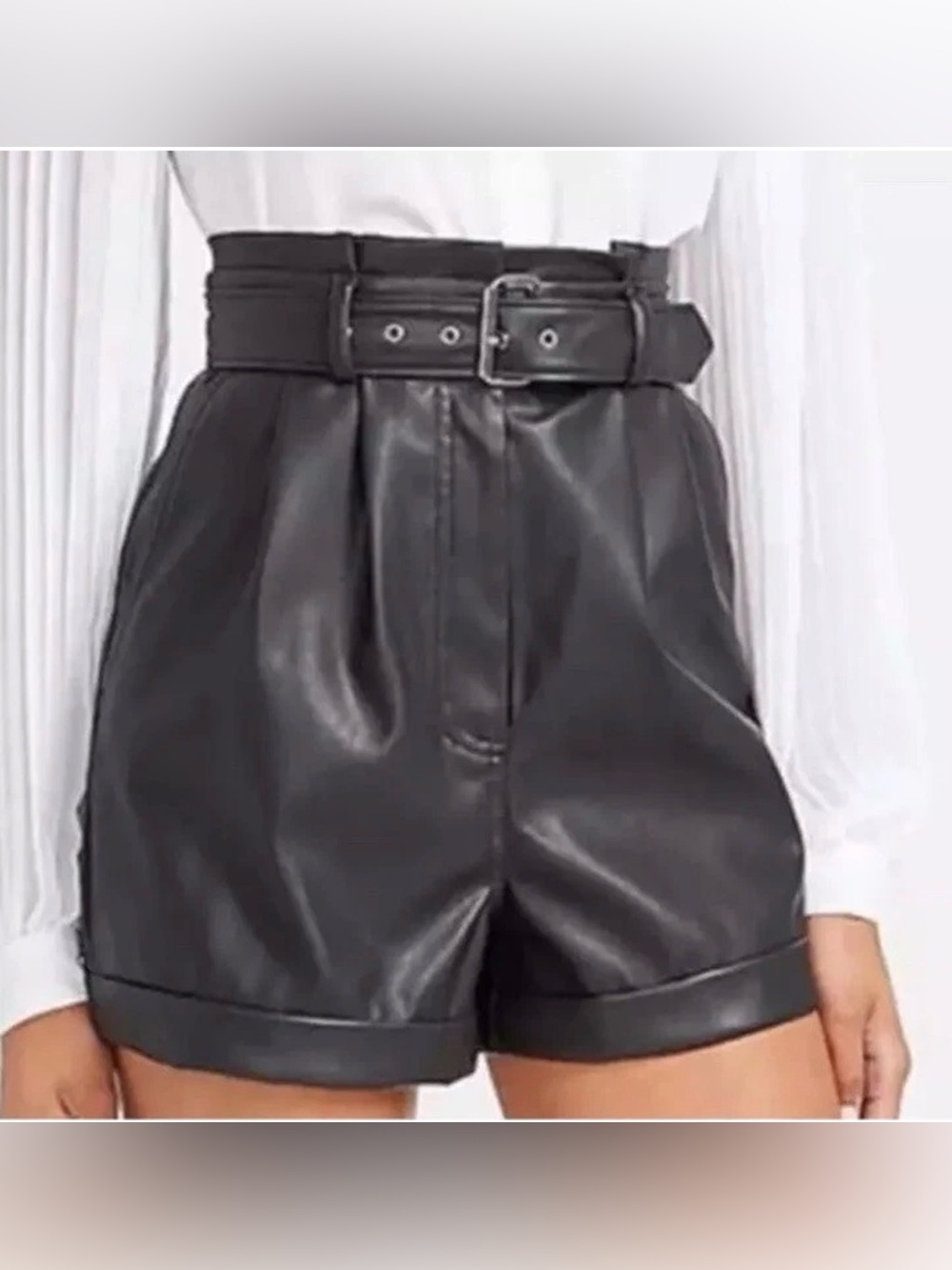 Express Black Faux Leather shortie High-Waist Belted Shorts size 6